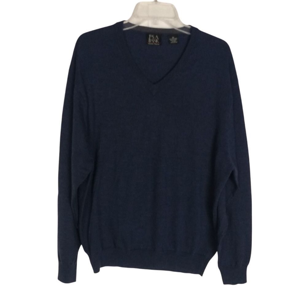 Jos A Bank Sweater Mens XL Pullover Knit Signature V-Neck Merino Wool Blue